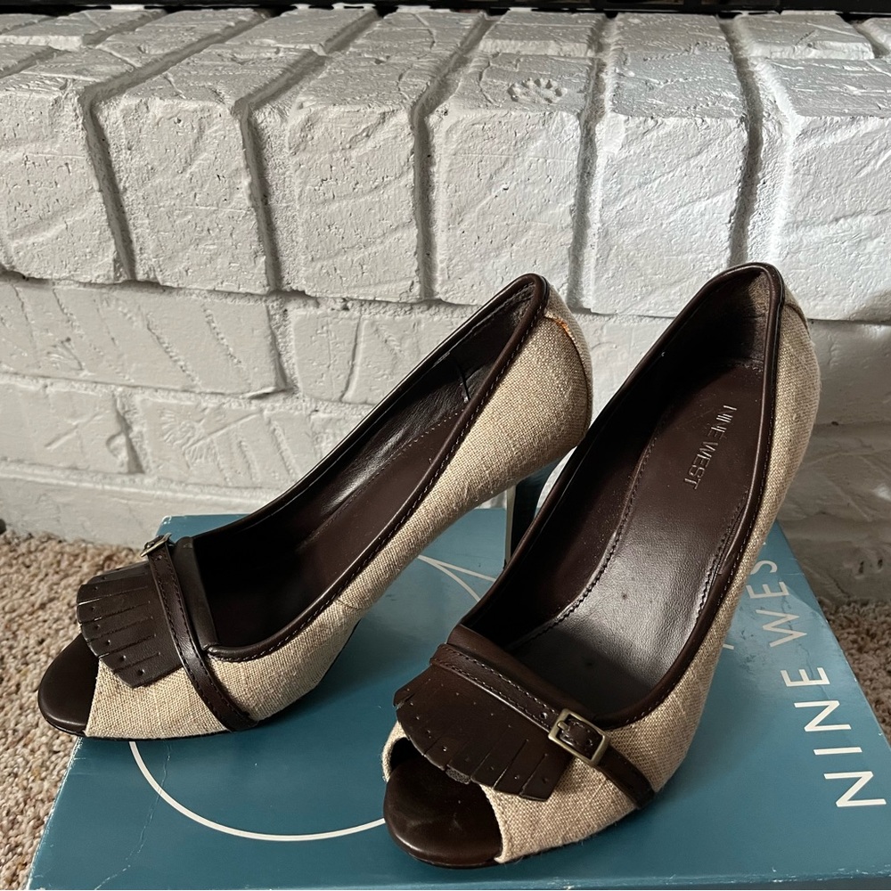 Nine West Beige and Dark Brown Peep Toe Heels